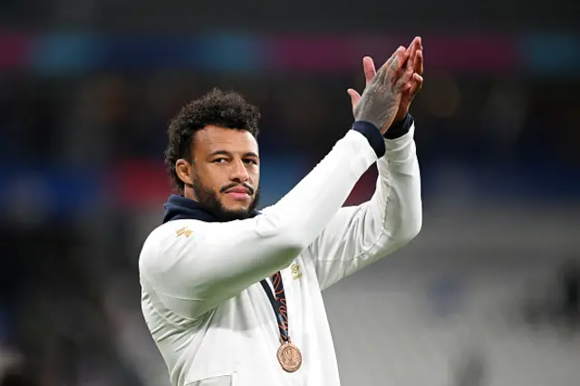 : Courtney Lawes of England applauds the fans