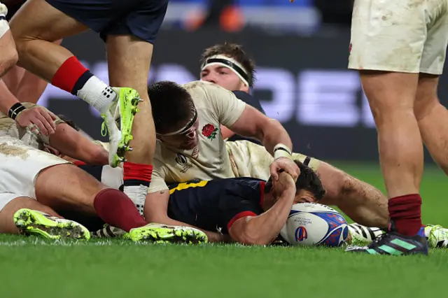 Argentina's scrum-half Tomas Cubelli scores a try