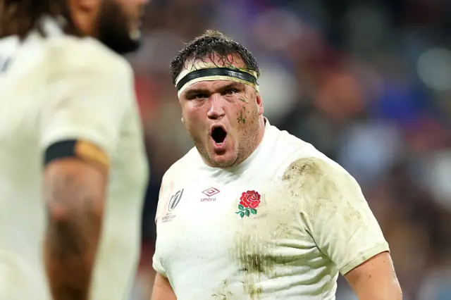 Jamie George of England reacts