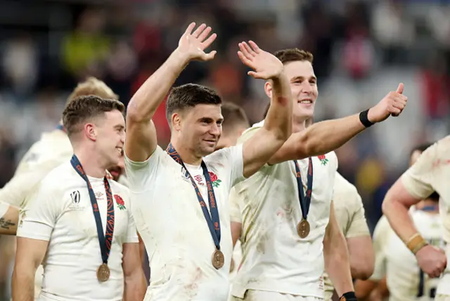 Ben Youngs and Freddie Steward of England of England show appreciation