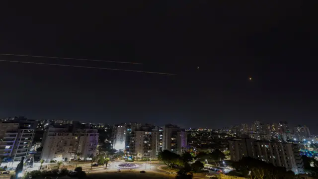 Israel's Iron Dome anti-missile system seen from Ashkelon as intercepting rockets are launched from Gaza - 27 October 2023