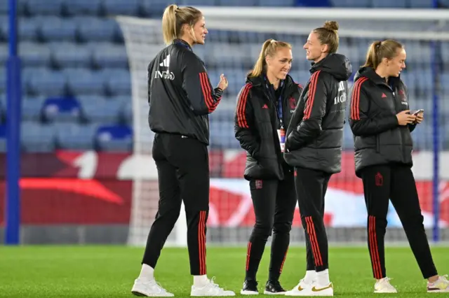 Belgium players inspecting the pitch before kick-off