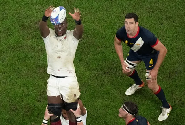 Maro Itoje is lifted at a lineout