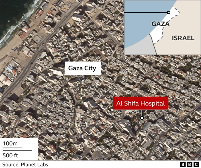 An satellite image locating Al Shifa hospital in Gaza city, with an inset map showing where Gaza City is in Gaza