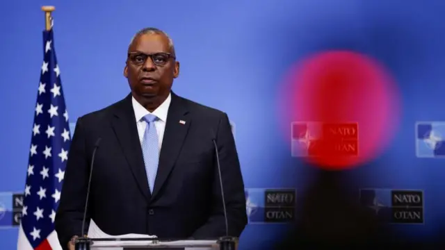 US Defence Secretary Lloyd Austin speaks to the media during a NATO Defence Ministers' meeting at the Alliance's headquarters in Brussels, Belgium October 12, 2023.