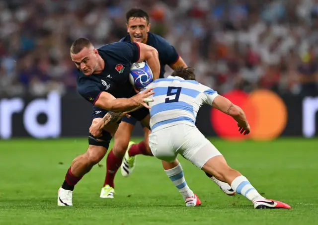 Ben Earl is tackled against Argentina