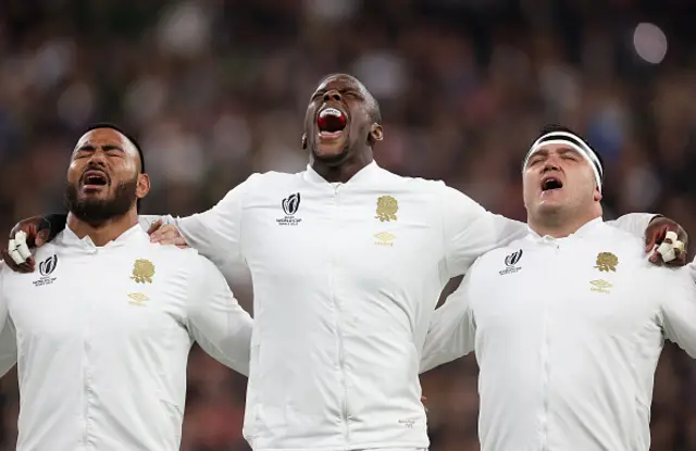 Manu Tuilagi, Maro Itoje and Jamie George sing the national anthem