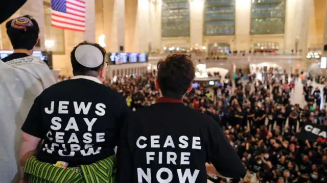 People demonstrate calling for a ceasefire amid war between Israel and Hamas, at Grand Central Station in New York City on October 27, 2023.