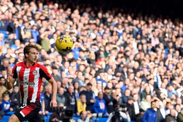 Brentford's Mads Roerslev receives the ball