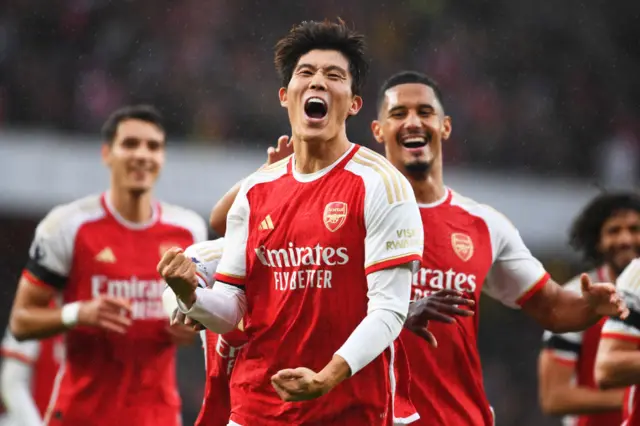 Takehiro Tomiyasu celebrates his first goal for Arsenal