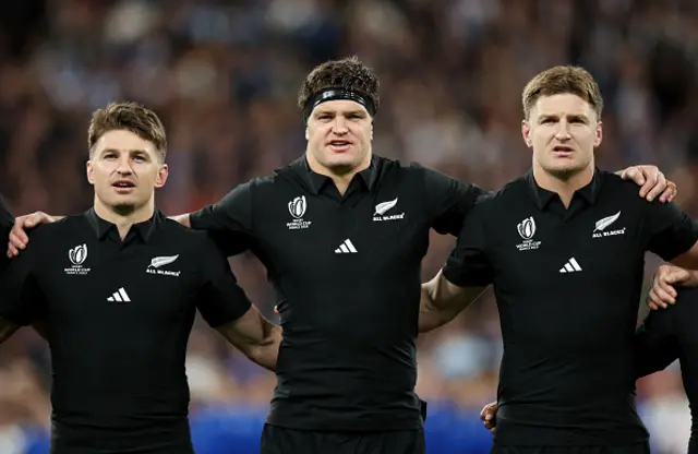 Beauden Barrett, Scott Barrett and Jordie Barrett signing the National anthem