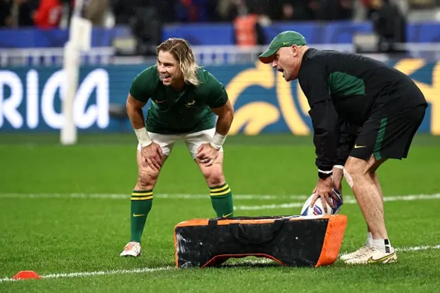 South Africa's scrum-half Faf de Klerk and South Africa's head coach Jacques Nienaber