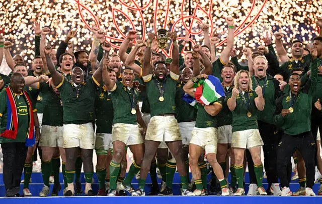 Siya Kolisi of South Africa lifts The Webb Ellis Cup