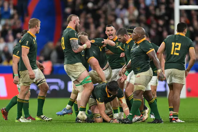 South African players celebrate a penalty