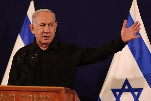 Netanyahu speaks during a press conference in the Kirya military base in Tel Aviv in 28 October 2023