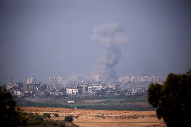 Smoke rises from an explosion in Gaza on October 28, 2023 in Sderot, Israel