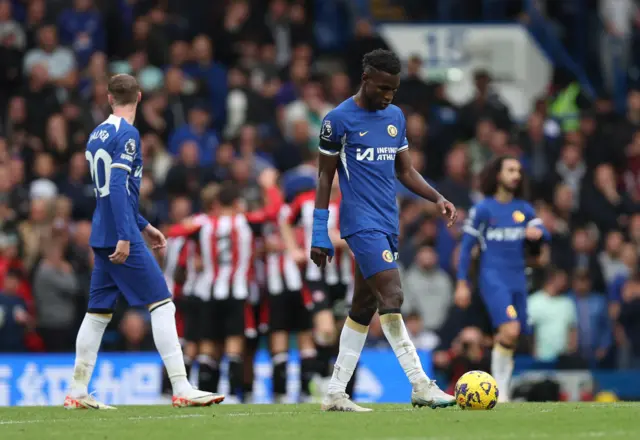 Chelsea's Nicolas Jackson looks defeated after conceding to Brentford