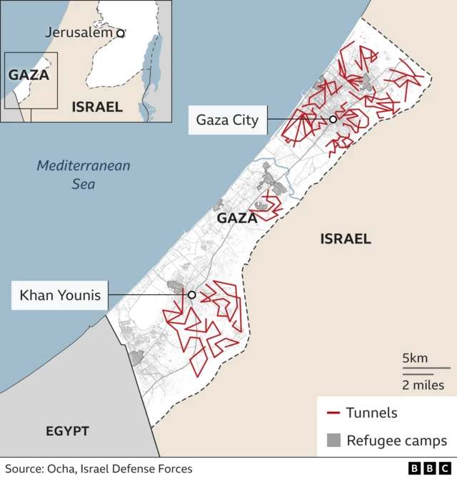 A map showing the tunnels under Gaza, according to Israeli military