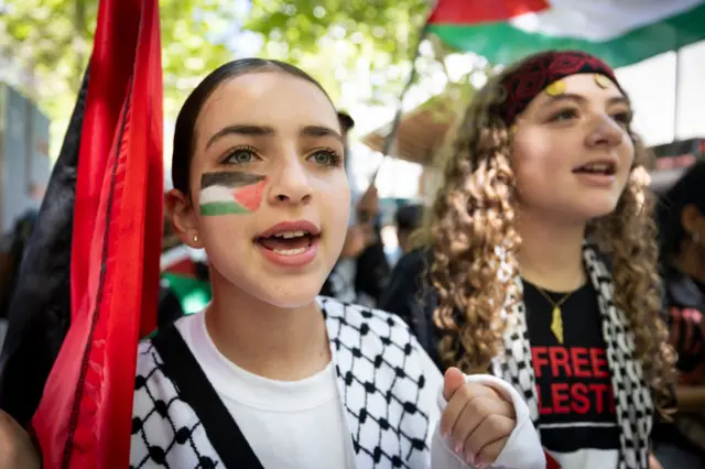 Pro-Palestinian demonstrators are seen during a rally on in Perth, Australia