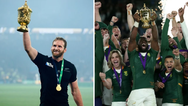 Kieren Reed and Siya Kolisi both holding the Web Ellis Cup - collated image