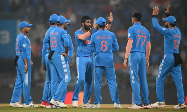 Jasprit Bumrah celebrates the wicket of Joe Root