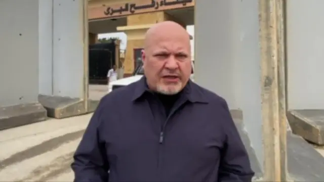 ICC prosecutor Karim Khan speaking at Egypt's Rafah crossing on the Gaza border