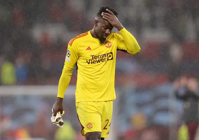 Manchester United's Andre Onana reacts at the full-time with his hand on his head