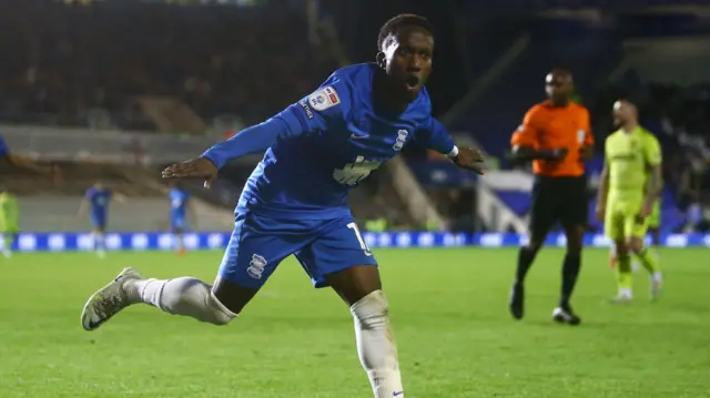 Siriki Dembele celebrates scoring for Birmingham