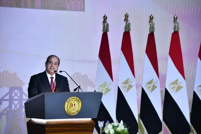 Egyptian President Abdel-Fattah al-Sisi makes a speech as he announces that he will run for a third term in office, in Cairo, Egypt on October 02, 2023.