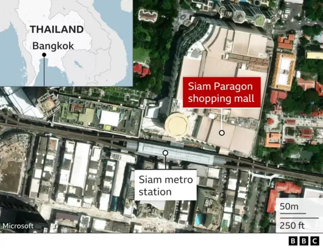 An annotated satellite image shows the Siam Paragon shopping mall, with the Siam metro station opposite