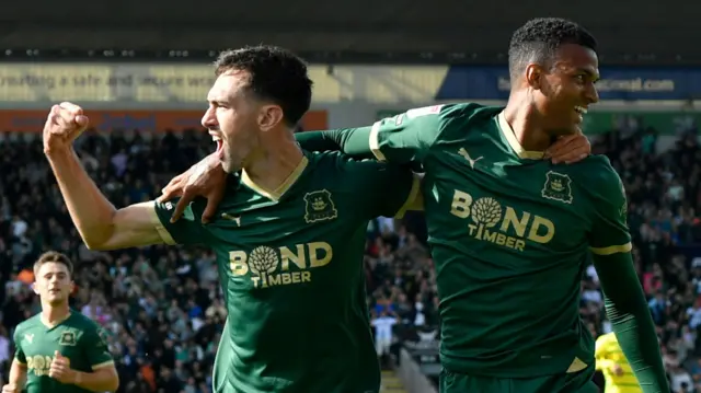 Plymouth pair Ryan Hardie and Margan Whittaker celebrate a goal against Norwich City