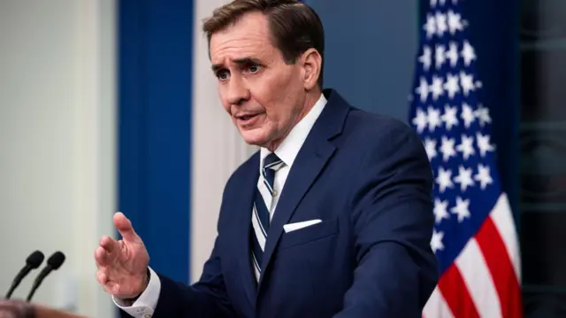 US National Security Council spokesperson John Kirby speaks about Israel's intensifying attack on northern Gaza from the press briefing room of the White House in Washington, DC