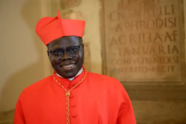 Newly appointed cardinal Stephen Ameyu Martin Mulla poses during the courtesy visits to the New Cardinals at the Apostolic Palace, on September 30, 2023