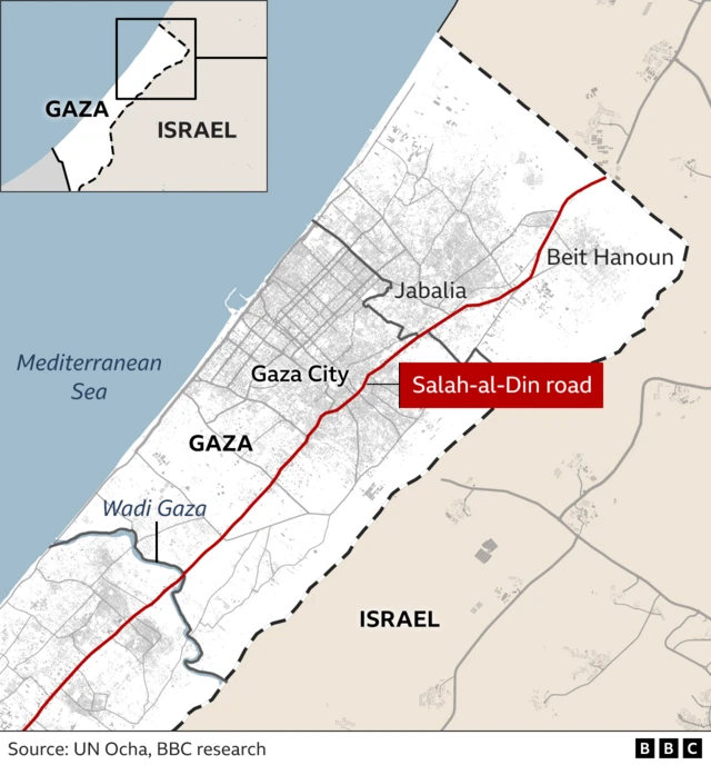 Map showing the main road from north to south in Gaza