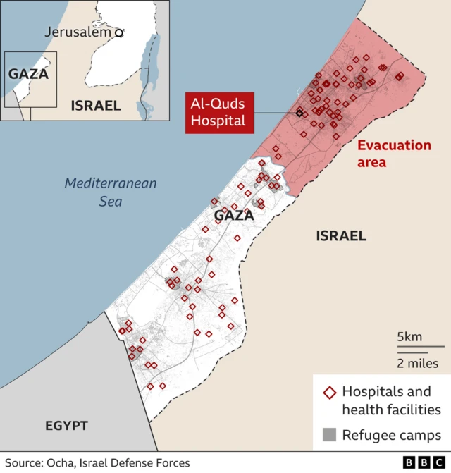 A map of Gaza with hospitals and health facilities across the strip pinpointed by red boxes. Al-Quds hospital in Gaza City is annotated and the northern parts of Gaza where Israel issued evacuation orders are highlighted red.