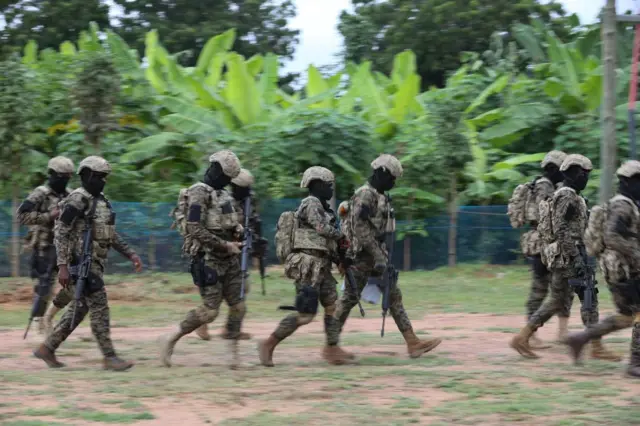 UK-trained Ghanaian soldiers demonstrate a counter-terrorism attack at Burma Camp, the Headquarters of the Ghana Armed Forces, in Accra on July 31, 2023