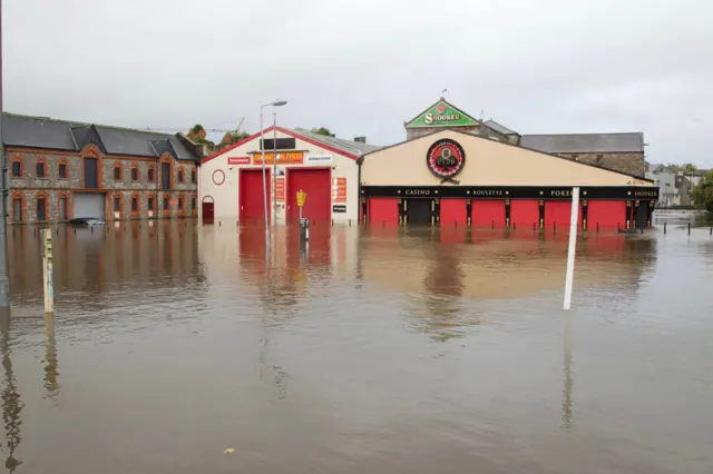 Buildings partially underwater in Newry flooding