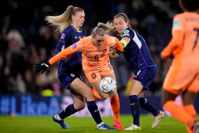 Jenna Clark of Scotland Women, Jill Roord of Holland Women, Rachel Corsie of Scotland