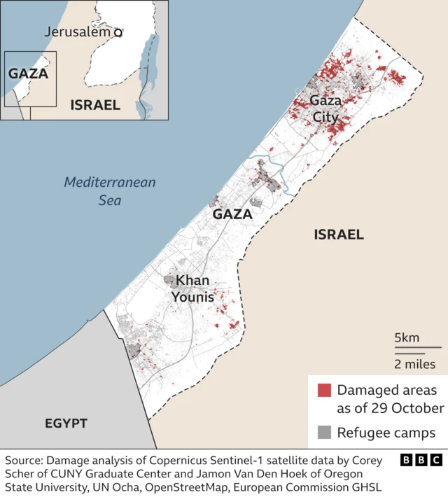 Map showing areas damaged by Israeli air strikes in Gaza Strip