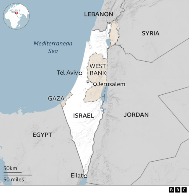 Map showing Israel, Egypt and Jordan, with the city of Eilat marked right at the southern tip of Israel