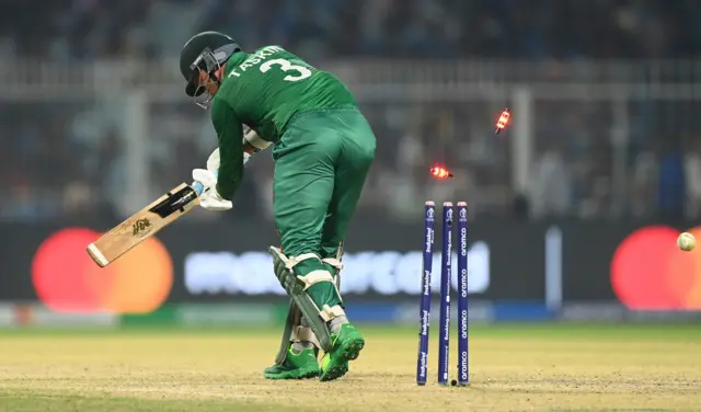 Taskin Ahmed is bowled by Mohammad Wasim