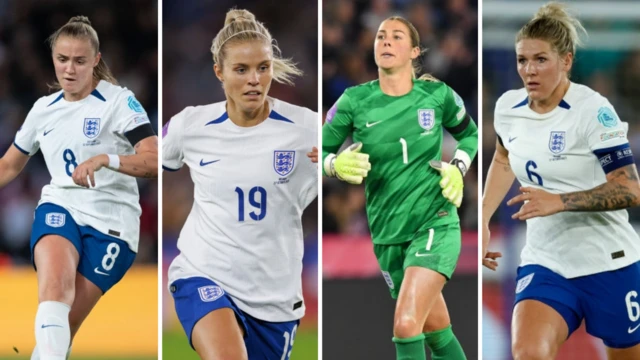 Georgia Stanway, Rachel Daly, Mary Earps and Millie Bright playing for England - Collated image