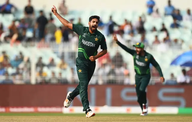 Haris Rauf celebrates the wicket of Mushfiqur Rahman