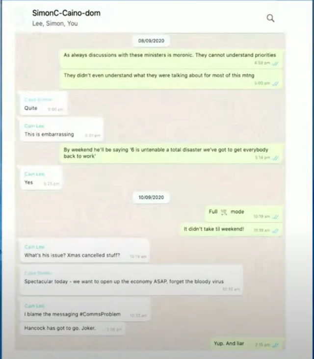 A screengrab of a Whatsapp conversation between Simon Case, Dominic Cummings and Lee Cain