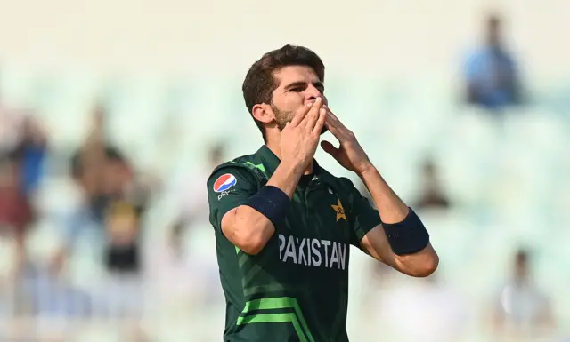 Shaheen Afridi celebrates the wicket of Najmul Shanto