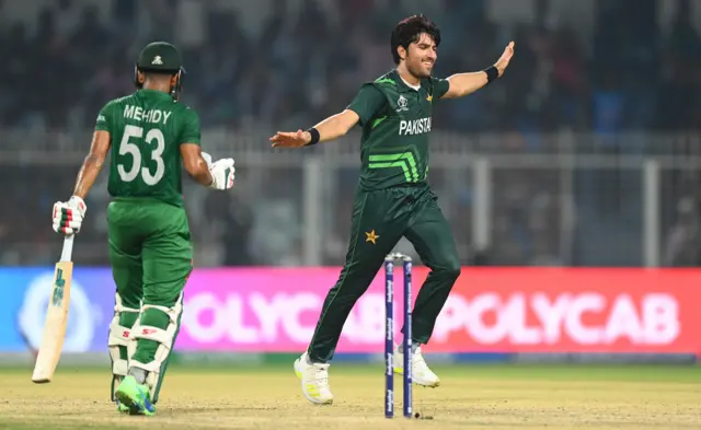 Mohammad Wasim celebrates the wicket of Mehidy Hasan Miraz