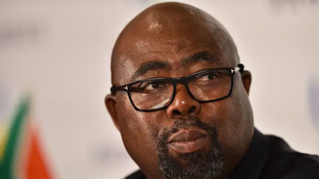 Thulas Nxesi takes part in a press conference after South Africa presented their bid to host the 2023 Rugby World Cup in London on September 25, 2017