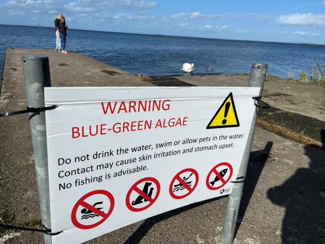 Warning sign at the lough reads: Warning/ Blue-green Algae/ Do not drink the water, swim or allow pets in the water. Contact may cause skin irritation and stomach upset. No fishing is advisable.