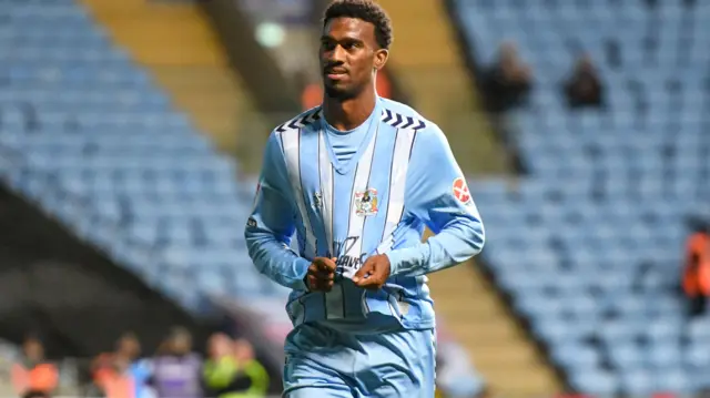 Haji Wright celebrates scoring for Coventry