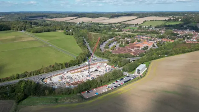 Aerial view of a construction work in the countryside